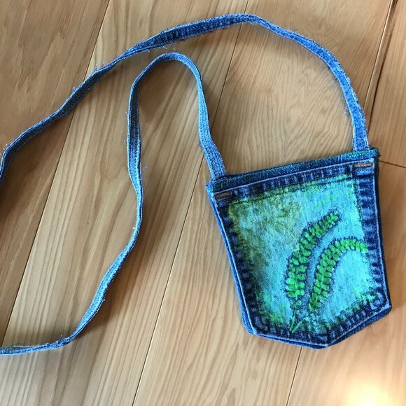 Crossbody Mini Jean Pocket Purse: Handmade Over Shoulder Floral Cell Phone Bag - Picture 3 of 10